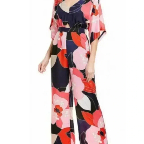 Trina Turk Women's Blue/Pink Flounce-Hem Floral V-Neck Jumpsuit 10 - Picture 1 of 8